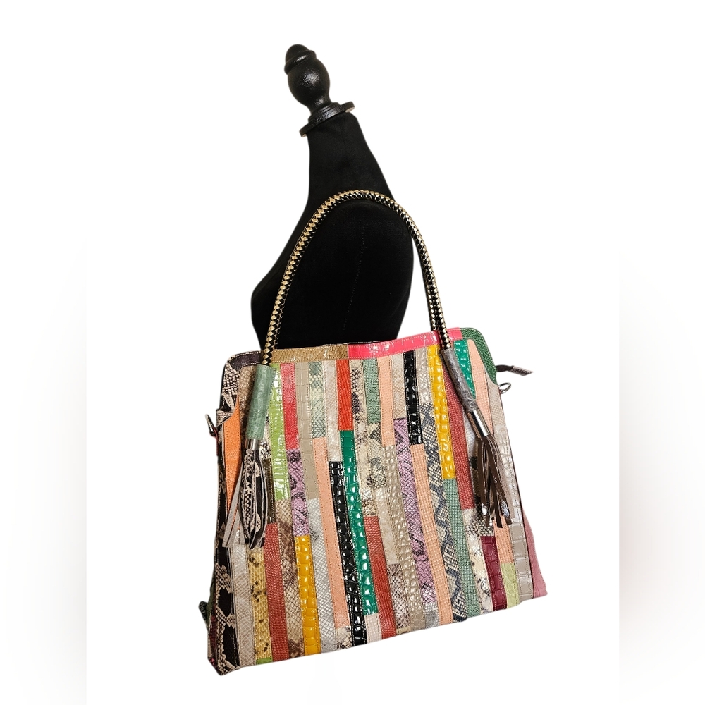 Multicolor Mixed Media Patchwork Striped Leather … - image 4